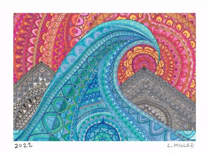 Marker and pen drawing of flowing rock forms in layered pattern and vivid colour