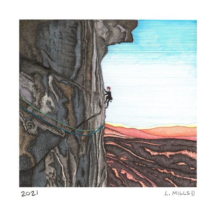 Drawing of a climber out in the air on CCK in the Gunks
