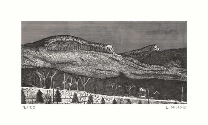 Drawing of the Trapps under snow in the Shawangunks