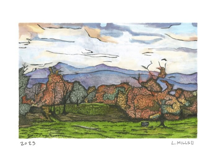 Drawing of the Catskills beyond the autumn fields of Spring Farm