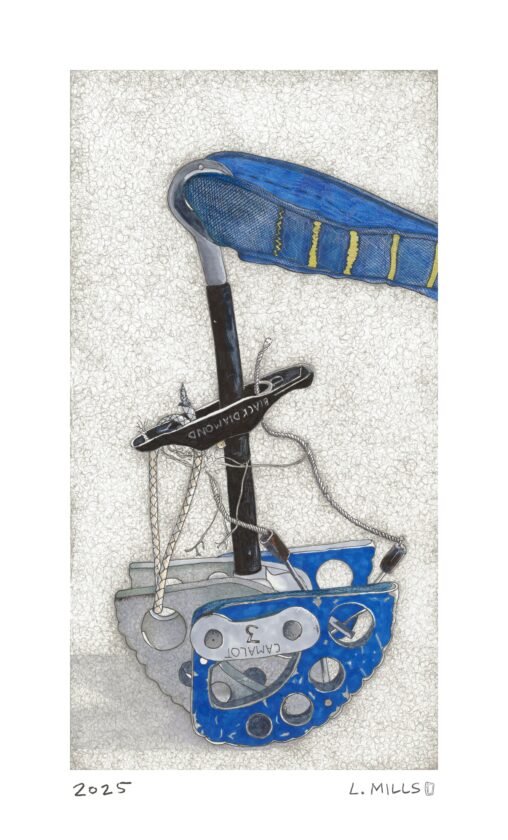 Pen and marker drawing of a well-used #3 Camalot held together with cord