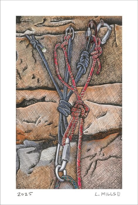 Pen and marker drawing of an improvised climbing anchor with red and blue cord on Gunks rock