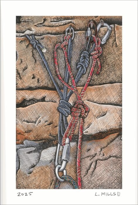 Pen and marker drawing of an improvised climbing anchor with red and blue cord and carabiners on Gunks rock