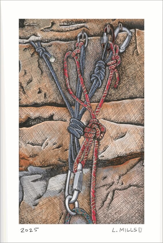Pen and marker drawing of an improvised climbing anchor with red and blue cord and carabiners on Gunks rock