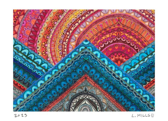 Drawing of mountains and sky in rhythmic linework and glowing evening colour