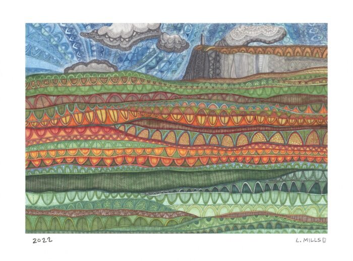 Marker and pen drawing of the Shawangunk Ridge in bands of colour and linework