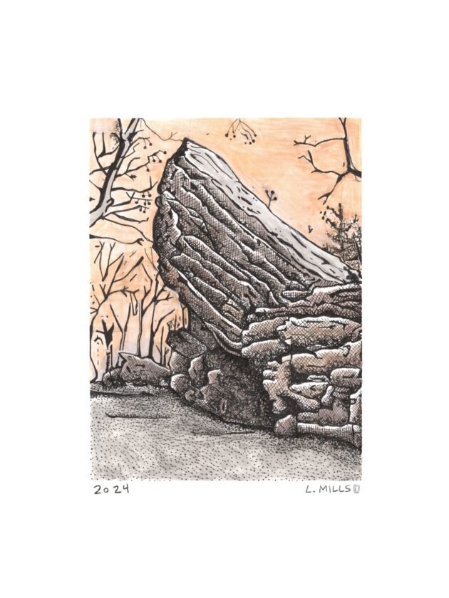 Drawing of Behemoth Boulder rising from the forest floor