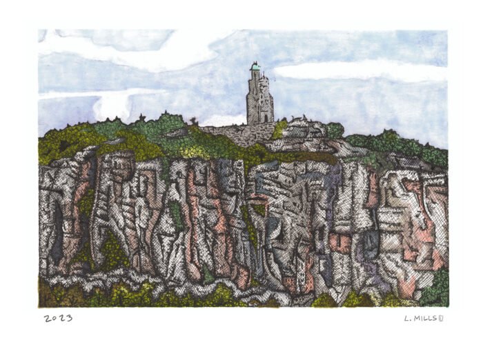 Drawing of Smiley Tower seen from Eagle Cliff on the Shawangunk Ridge