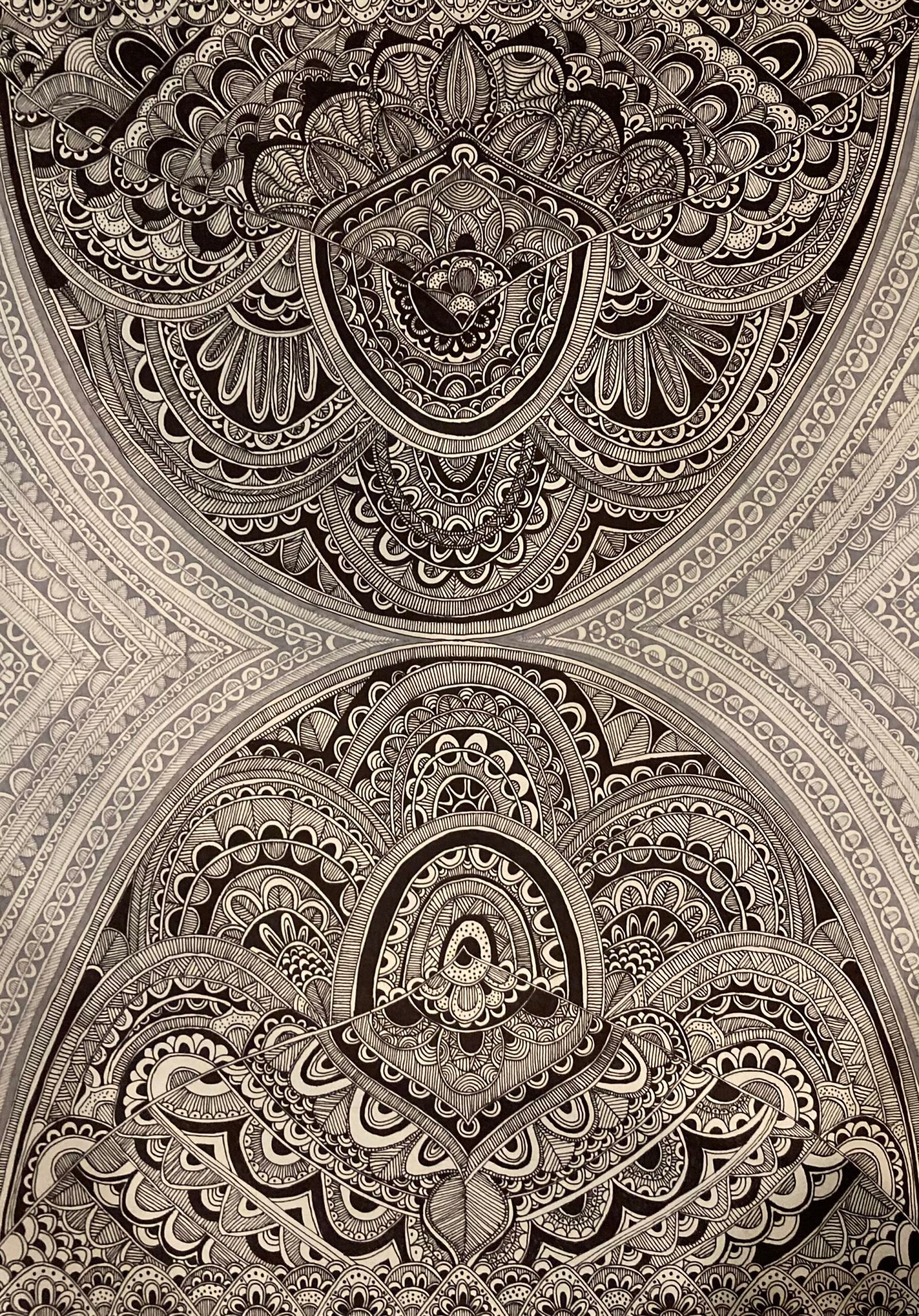 Drawing of two intricate forms facing each other across a narrow centre