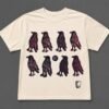 Cream tee hand printed with eight ravens in purple and pink around a dark orb