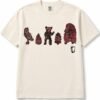 Cream tee hand printed with an owl, a bear, a porcupine and two pinecones in black and pink