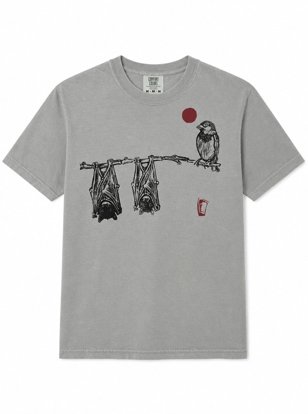 One-of-a-kind grey tee with two sleeping bats, an alert bird and a deep red moon