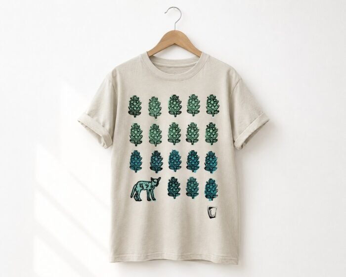 Sand-colored tee hand printed with green and teal pinecones and a coyote