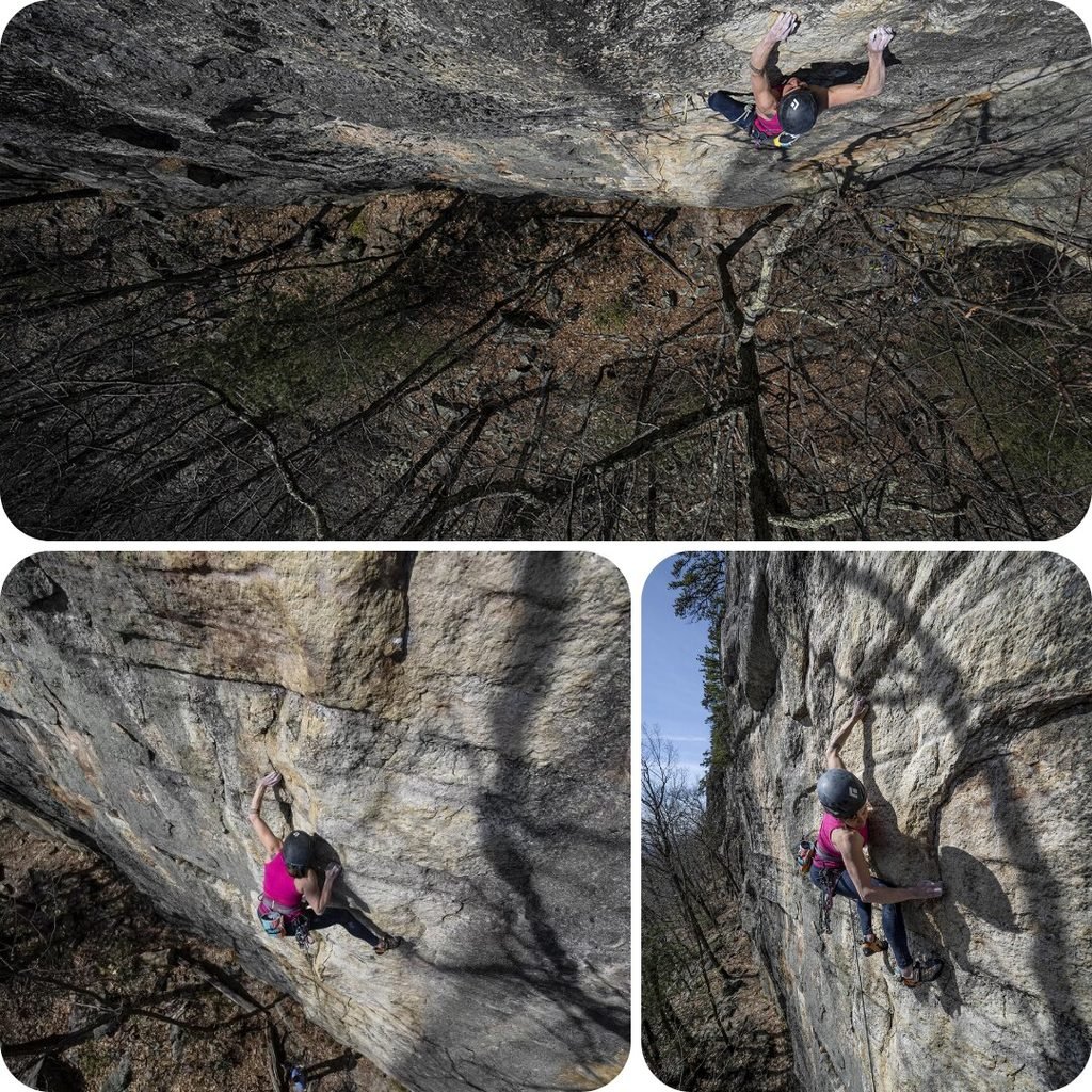 Liza Mills rock climbing steep overhanging rock in the Gunks, three-photo collage