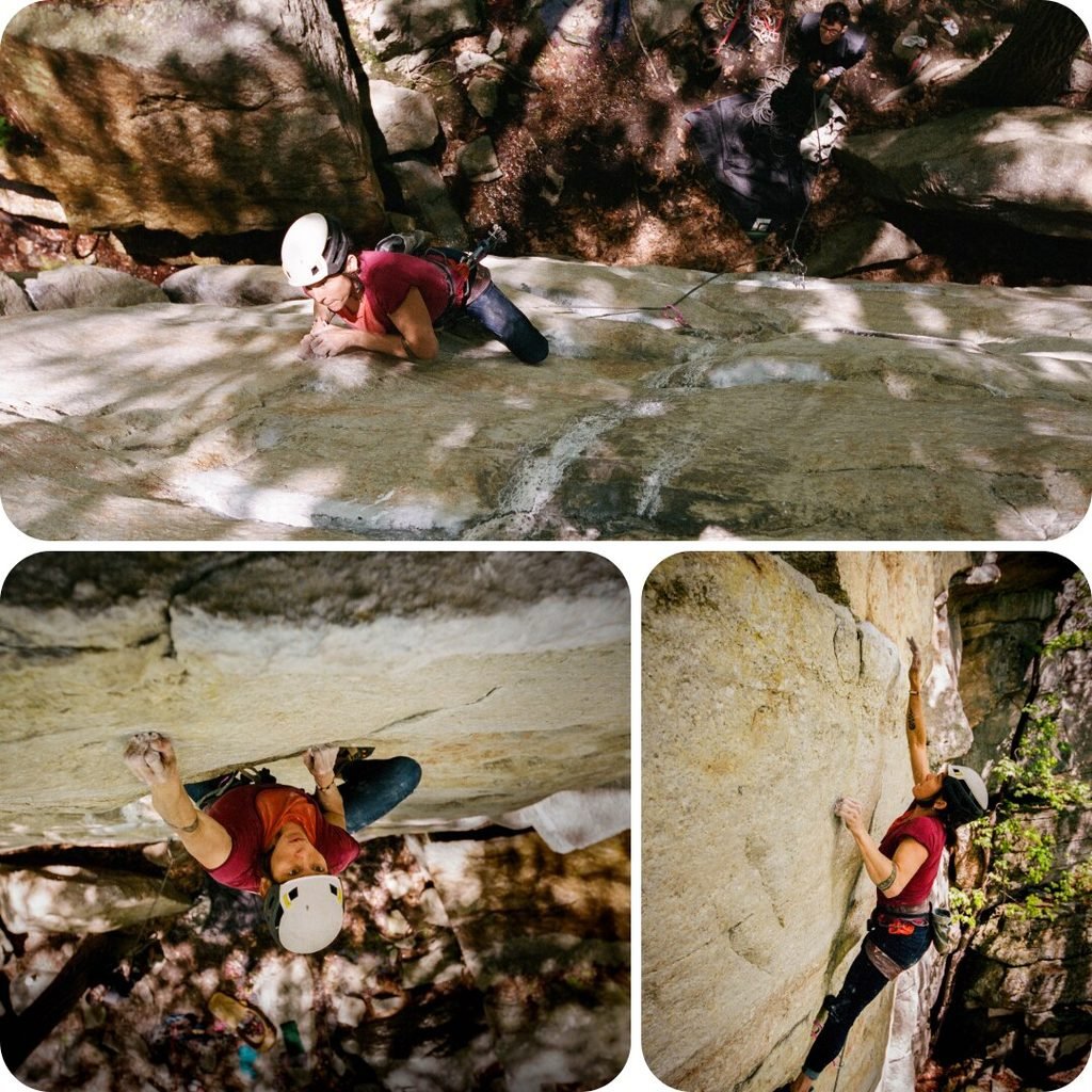 Liza Mills climbing a roof and crack in the Shawangunks, three-photo collage