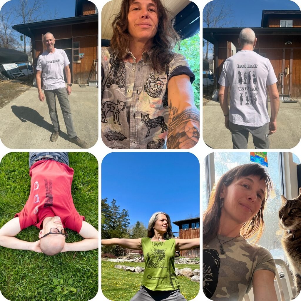Friends of Liza Mills wearing her climbing tees outdoors, photo collage