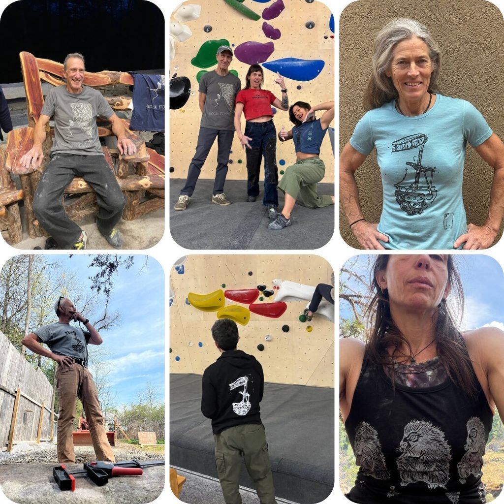 Climbers wearing Liza Mills tees at a climbing gym and at home, photo collage