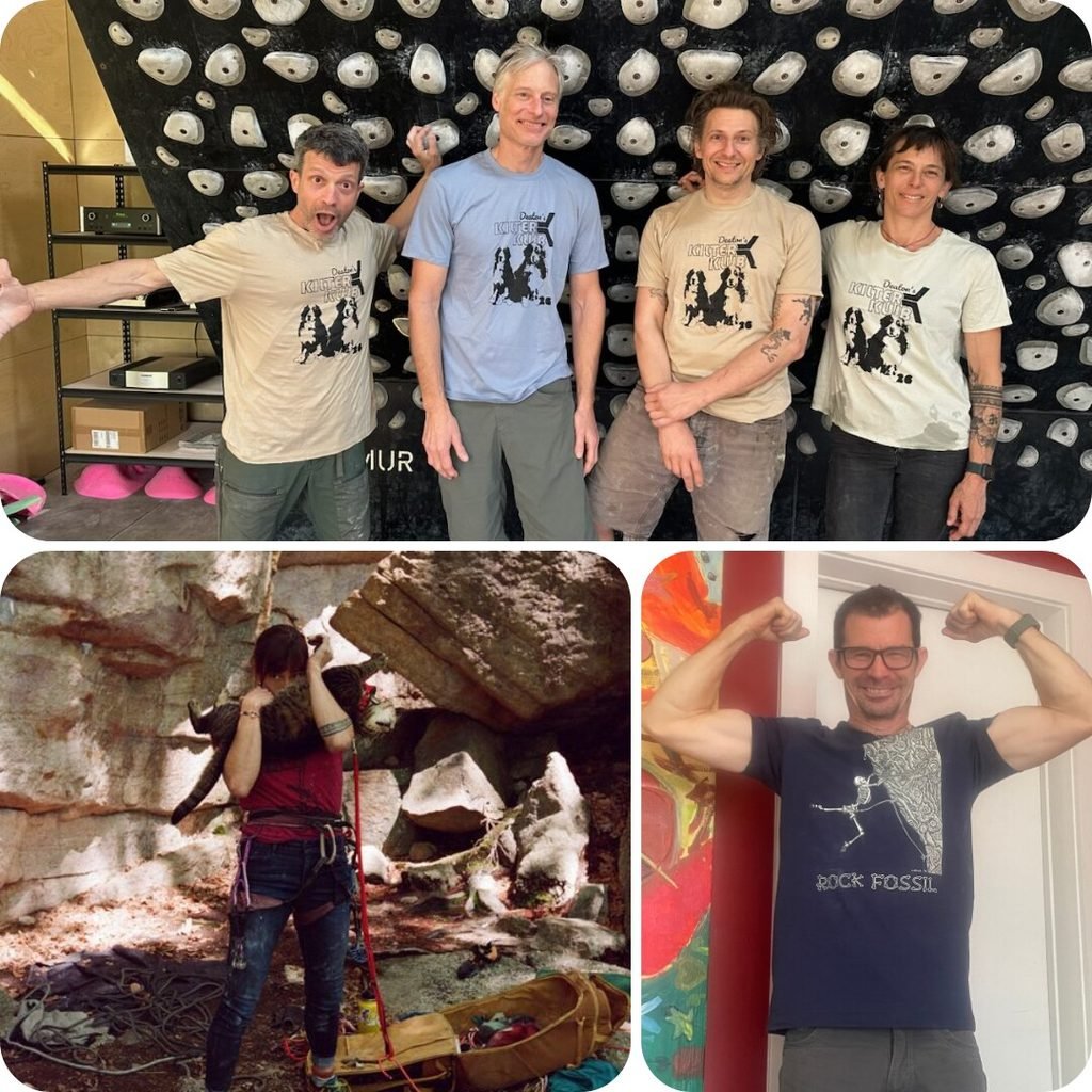 Climbers showing off their Liza Mills Gunks Art shirts at the gym and the crag