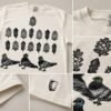 Close-ups of the Feathers, Pines and City Dines tee showing pigeons and pinecone prints