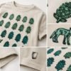 Close-ups of the Pinecones and Coyote tee showing teal pinecones and the coyote print