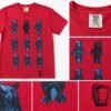 Close-ups of the red Raccoon Roll Call tee showing nine hand-printed raccoons