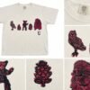 Close-ups of the Woodland Roll Call tee with an owl, a bear, a porcupine and pinecones